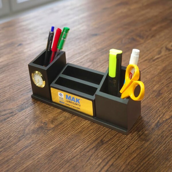 Table Top Mobile & Pen Stand | Wooden Finish | Branding