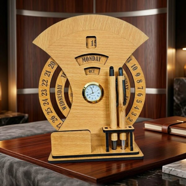 Luxury Wooden Perpetual Calendar & Pen Holder | Handcrafted Rotating Desk Organizer